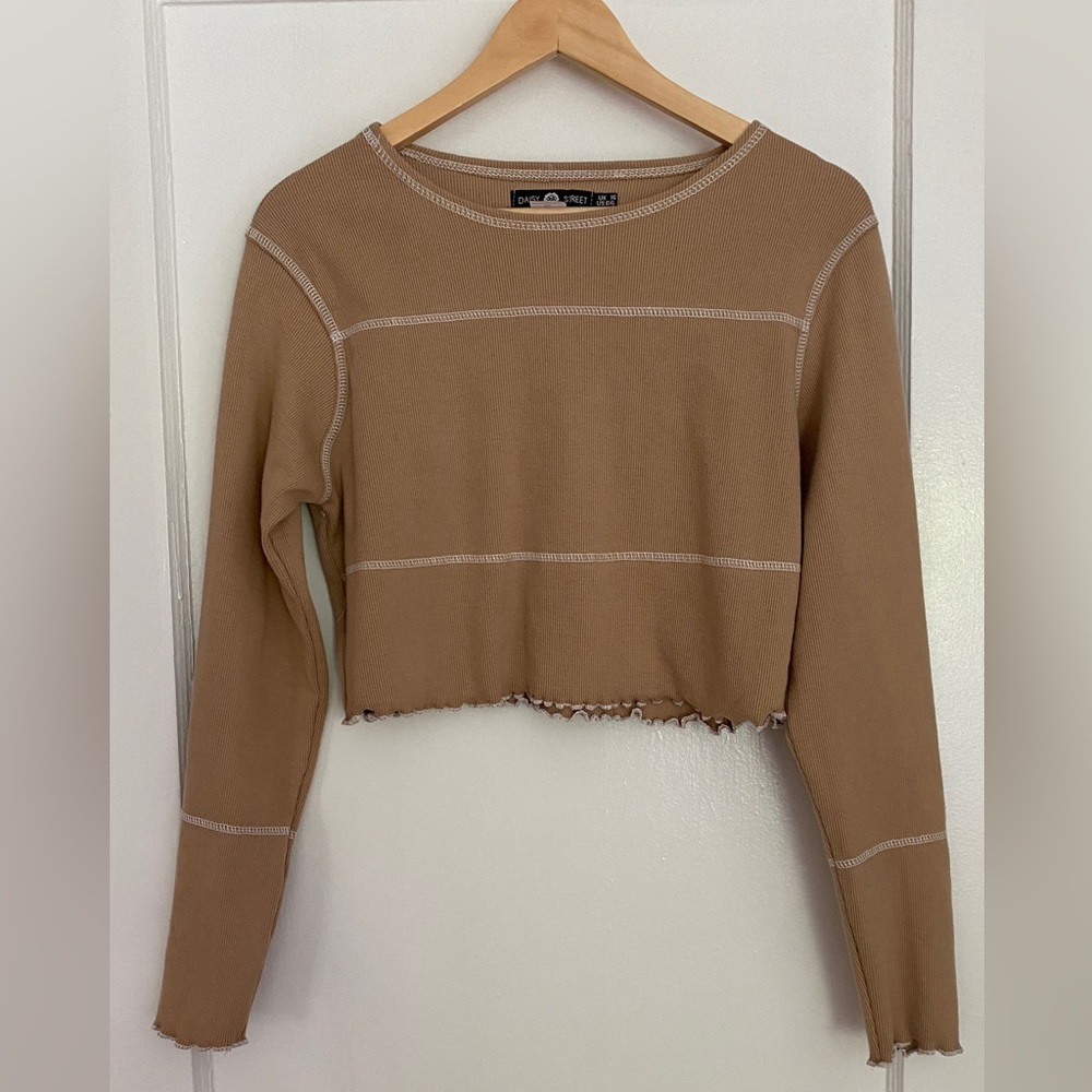 ASOS / Daisy Street long sleeve crop top in camel with exposed stitching